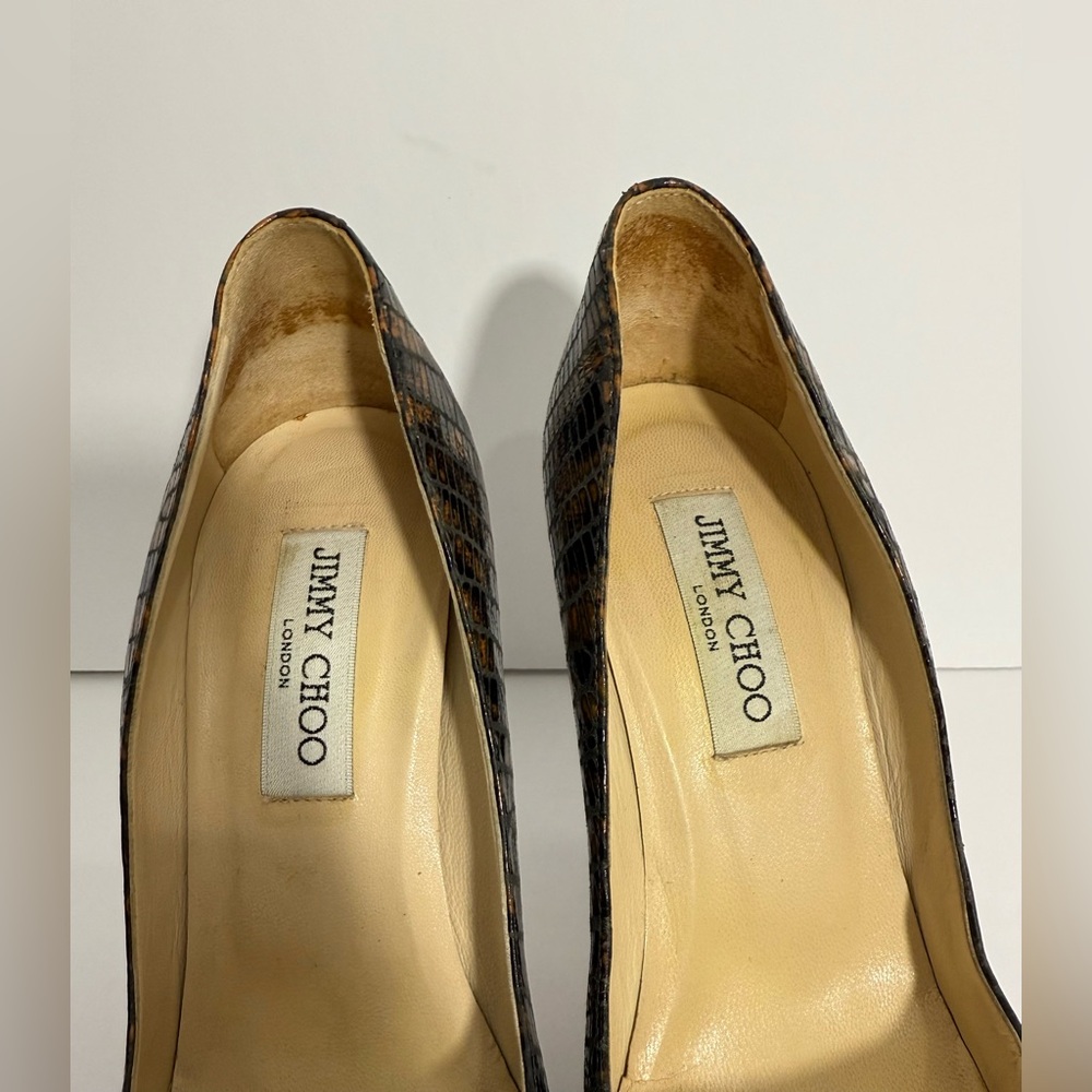Jimmy Choo-Brown/Gold, Lizard Embossed, Anthracite, Platform, Pump/Heel. Sz-37.5 - Picture 10 of 11